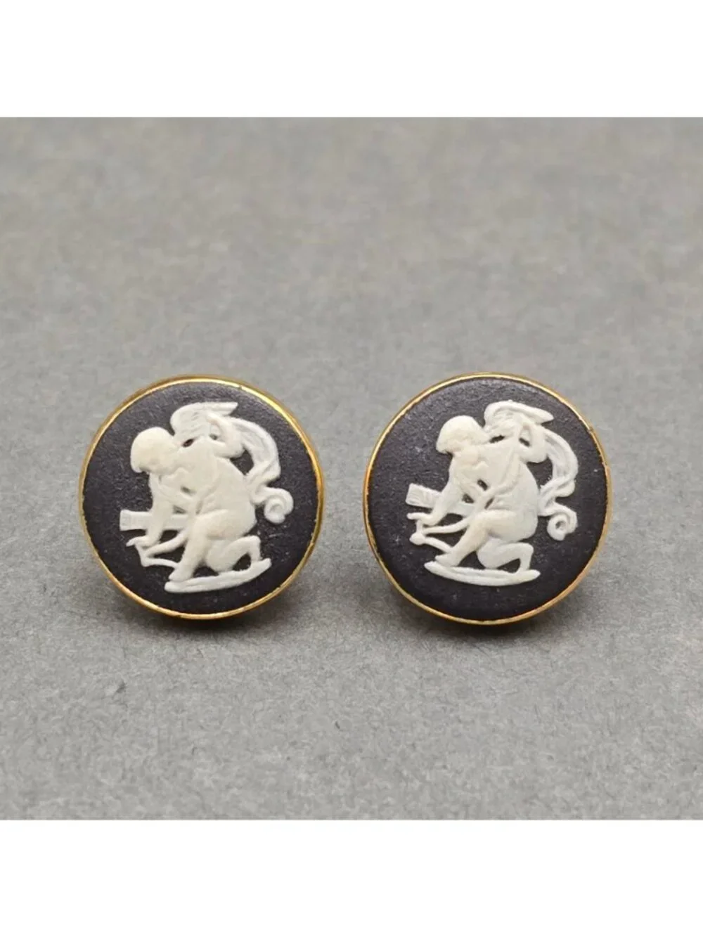 Vintage Van Dell 12K Gold Filled Black Jasperware Cameo Stud Earrings Cupid 14K - Picture 10 of 10